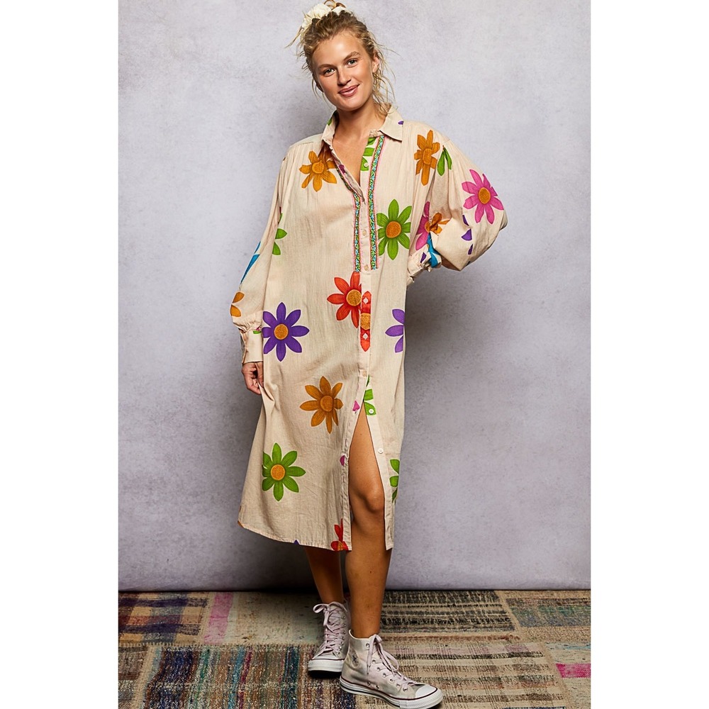 NEW ! POL Floral Beaded Relaxed Shirt Dress Cotton Long Sleeve Tan SIZE L